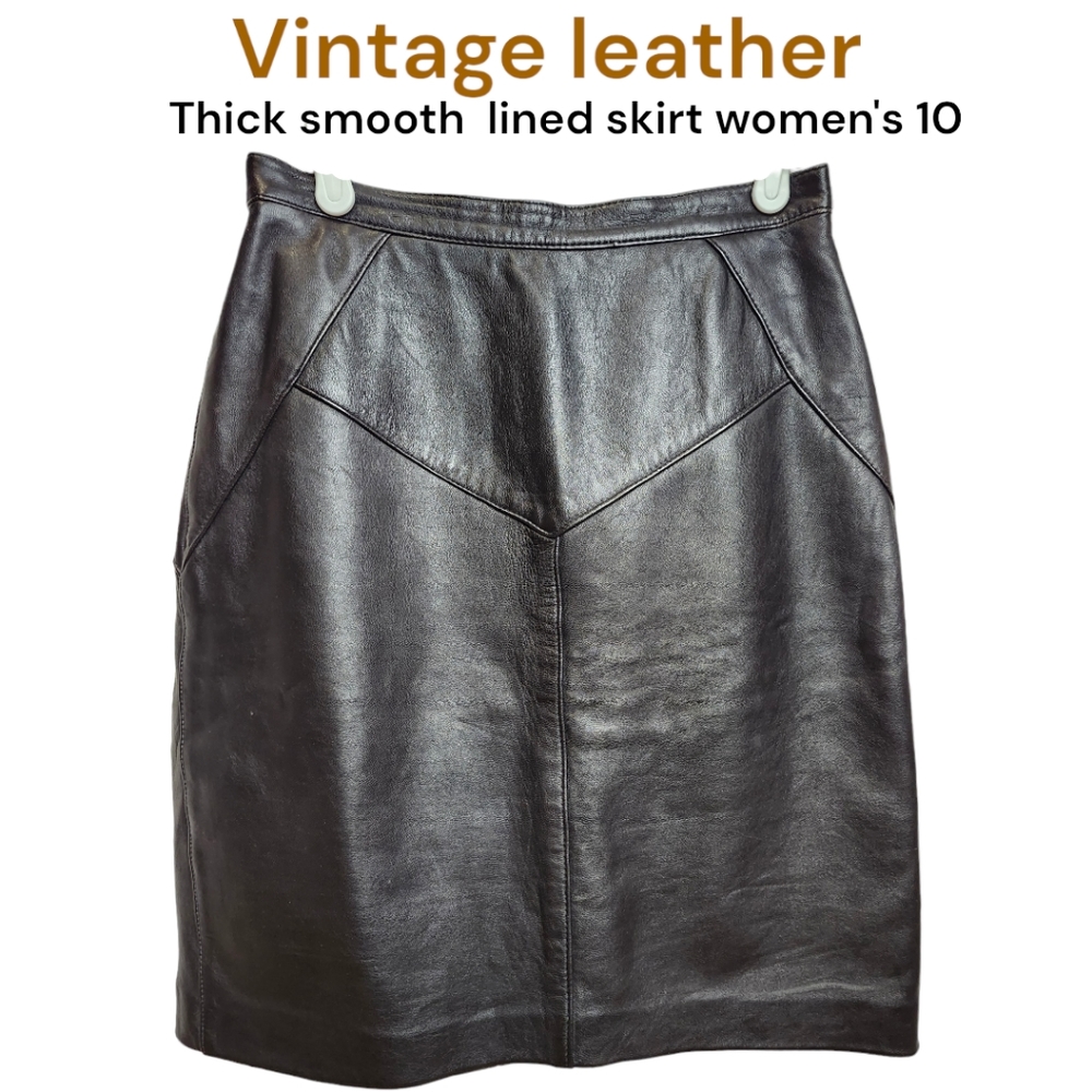Vintage Women Seam Elongating Design Black Leather Lined pencil skirt Back Zip M